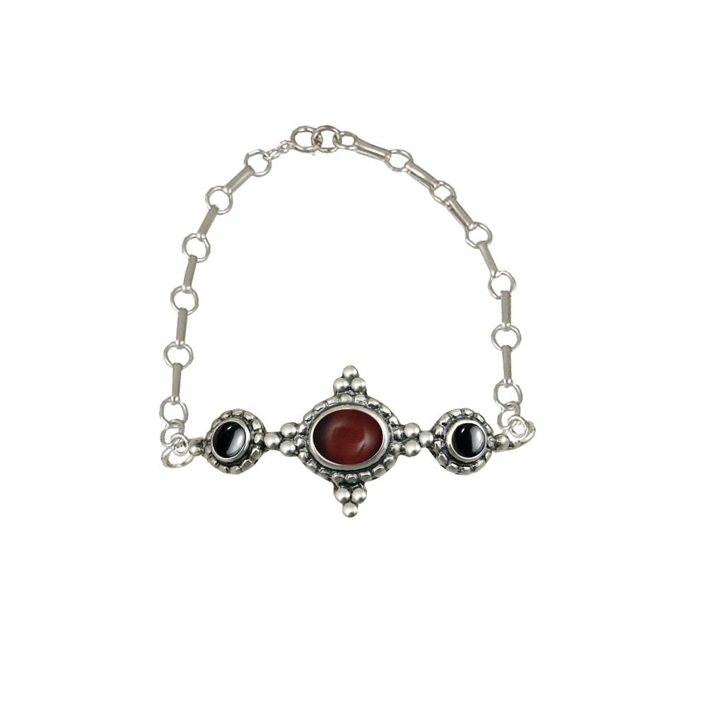 Sterling Silver Gemstone Adjustable Chain Bracelet With Red Tiger Eye And Hematite